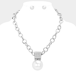 Stone Paved Cube Pearl Ball Pendant Chain Necklace
