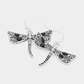 Stone Pointed Metal Dragonfly Dangle Earrings
