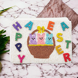 Stone Pointed HAPPY EASTER Message Easter Bunny Seed Beaded Mini Pouch Bag