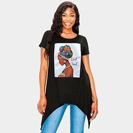 Stone Studded GOD TRUST Message Afro Woman Printed Half Sleeve Top