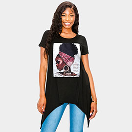 Stone Studded GOD Religious Message Afro Woman Printed Half Sleeve Top