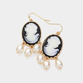 Triple Pearl Embellished Cameo Dangle Earrings