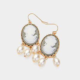 Triple Pearl Embellished Cameo Dangle Earrings