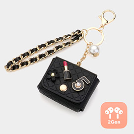 Pearl Pointed Number Five Lipstick Flower Charm Deco Faux Leather Mini Bag With Wristlet Airpod Pro Case / Keychain