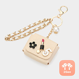 Pearl Pointed Number Five Lipstick Flower Charm Deco Faux Leather Mini Bag With Wristlet Airpod Pro Case / Keychain