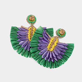 Mardi Gras Stone Pointed Raffia Fan Dangle Earrings