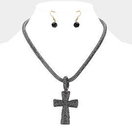 Stone Paved Cross Pendant Necklace