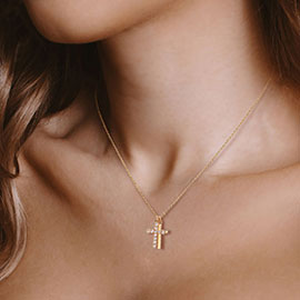 CZ Stone Paved Double Cross Pendant Necklace