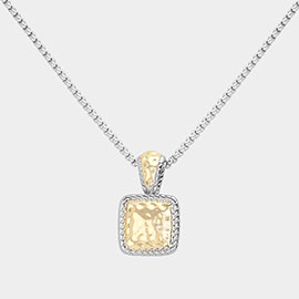 14K Gold Plated Square Hammered Metal Pendant Necklace