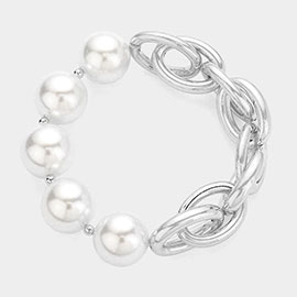 Pearl Accented Metal Chain Stretch Bracelet