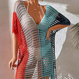 Multi Color Crochet Fringe Edge Kimono Poncho / Beachwear
