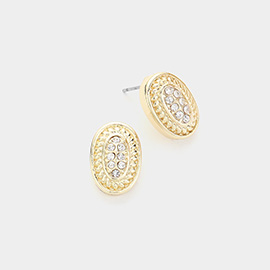 14K Gold Plated Stone Paved Oval Stud Earrings