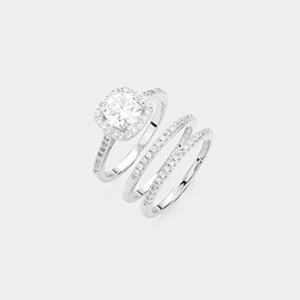 3PCS - Round Stone Accented Halo Ring and Wedding Bands