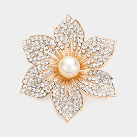 Pearl Pointed Stone Paved Flower Pin Brooch