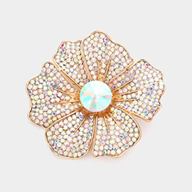 Round Stone Pointed Rhinestone Paved Flower Pin Brooch