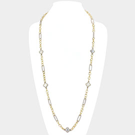 14K Gold Plated Two Tone Stone Paved Quatrefoil Station Chain Link Long Necklace