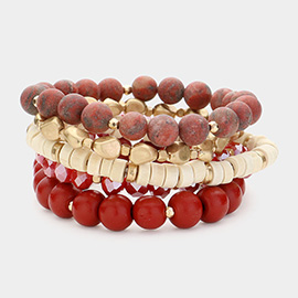 5PCS - Faceted Beads Wood Metal Stone Beaded Multi Layered Bracelets