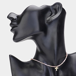 CZ Stone Embellished Cross Pendant Faceted Beaded Choker Necklace