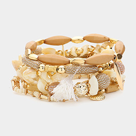6PCS - Shell Charm Tassel Multi Beads Beaded Multi Layered Bracelets