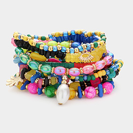 9PCS - Metal Flower Shell Pearl Charm Multi Beads Beaded Layered Bracelets