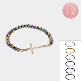 12PCS - Metal Cross Pendant Pointed Faceted Beaded Stretch Bracelets