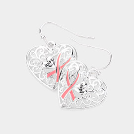 Enamel Pink Ribbon HOPE Message Cutout Heart Dangle Earrings