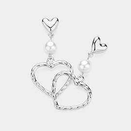 Pearl Pointed Twisted Metal Open Heart Dangle Earrings