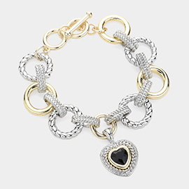 Heart Stone Pointed Charm Two Tone Textured Metal Link Toggle Bracelet