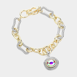 Oval Stone Pointed Charm Two Tone Textured Metal Link Toggle Bracelet