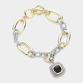 Square Stone Pointed Charm Two Tone Textured Metal Link Toggle Bracelet