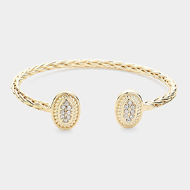 Two Tone Stone Paved Oval Tip Cuff Bracelet 
