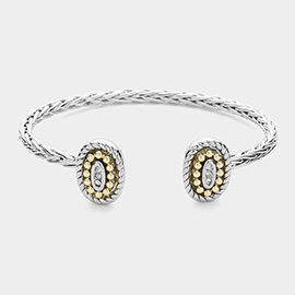 Stone Paved Oval Tip Braided Metal Cuff Bracelet