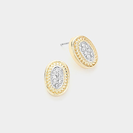 14K Gold Plated Stone Paved Oval Stud Earrings