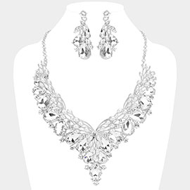 Pearl Pointed Teardrop Stone Cluster Accented Evening Necklace