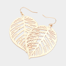 Brass Metal Filigree Tropical Leaf Dangle Earrings