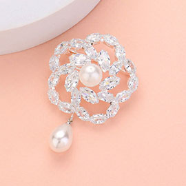 Pearl Pointed CZ Stone Paved Rose Pin Brooch