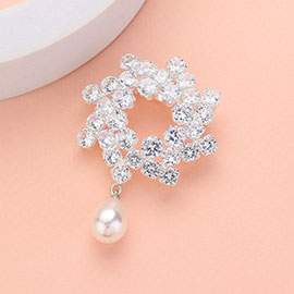 CZ Stone Paved Wreath Peal Pointed Pin Brooch