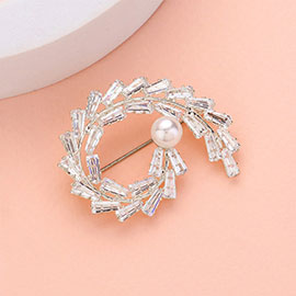 Pearl Pointed Baguette CZ Stone Cluster Abstract Pin Brooch