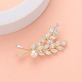 Pearl Pointed CZ Stone Cluster Leaf Pin Brooch