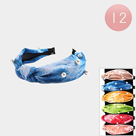 12PCS - Pearl Accented Tie Dye Printed Knot Headbands