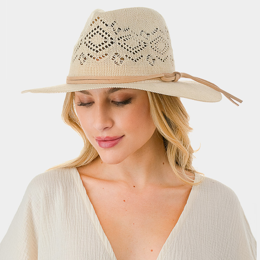 Faux Leather Trim Cut Out Detail Woven Hat