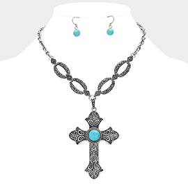 Natural Stone Pointed Boho Cross Western Necklace