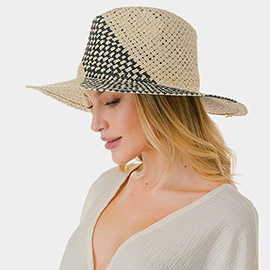 Two Tone Woven Straw Fedora Hat