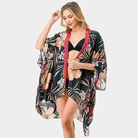 Tropical Flower Print Kimono Poncho