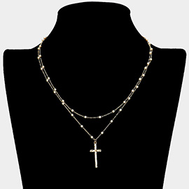 Pearl Strand Double Layered Cross Pendant Necklace