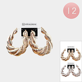 12PAIRS - Textured Metal Oval Pin Catch Hoop Earrings