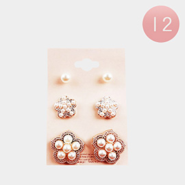 12 SET OF 3 - Pearl Flower Stud Earrings