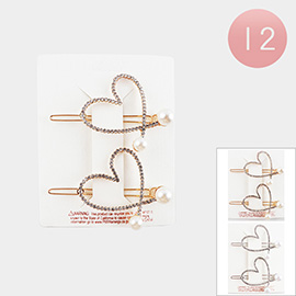 12 SET OF 2 - Stone Paved Pearl Heart Pointed Hair Pins
