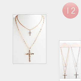 12PCS - Stone Paved Cross Pendant Double Layered Necklaces