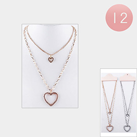 12PCS - Stone Paved Heart Pendant Double Layered Necklaces